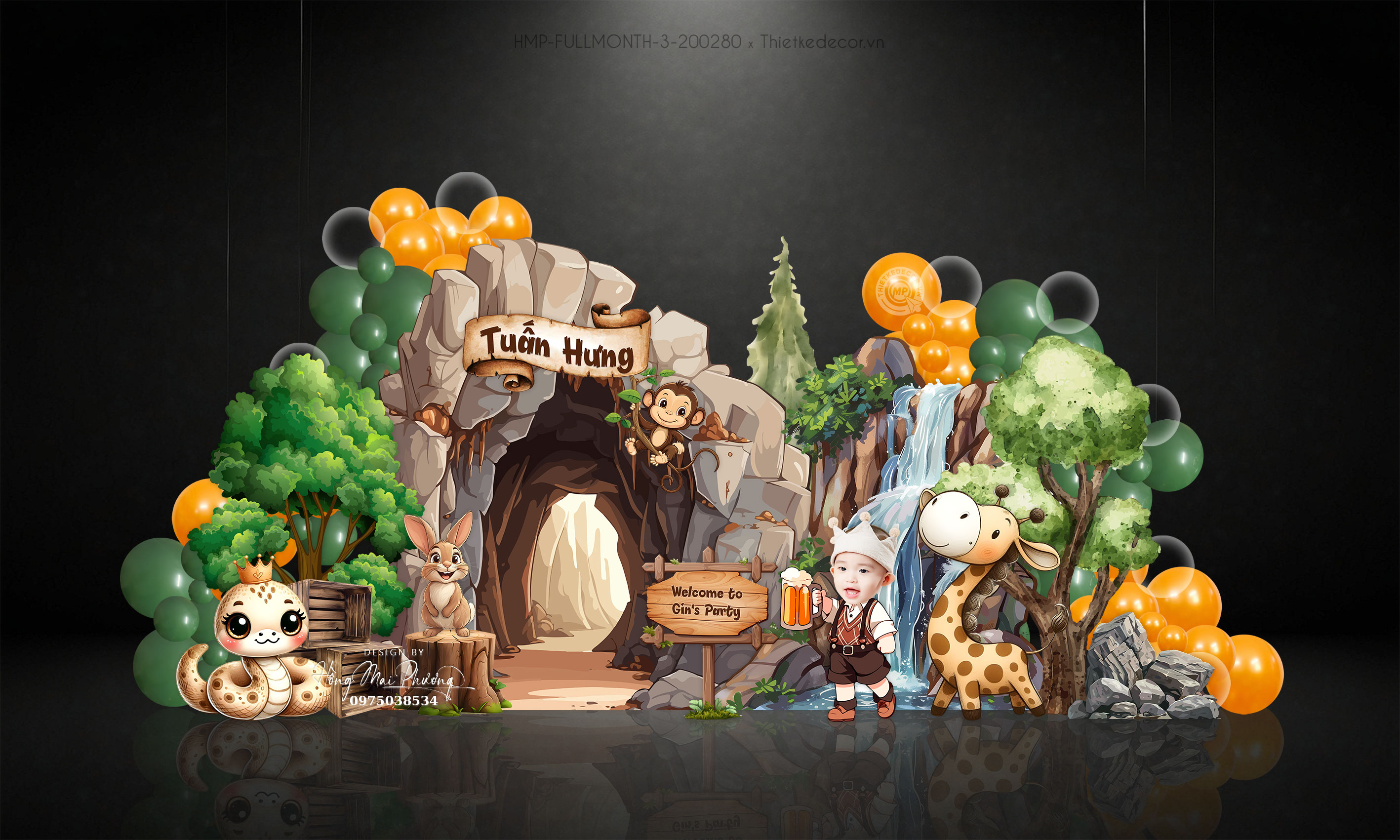 Tiệc đầy tháng bé trai tuổi rắn chủ đề safari, khu rừng và muôn thú